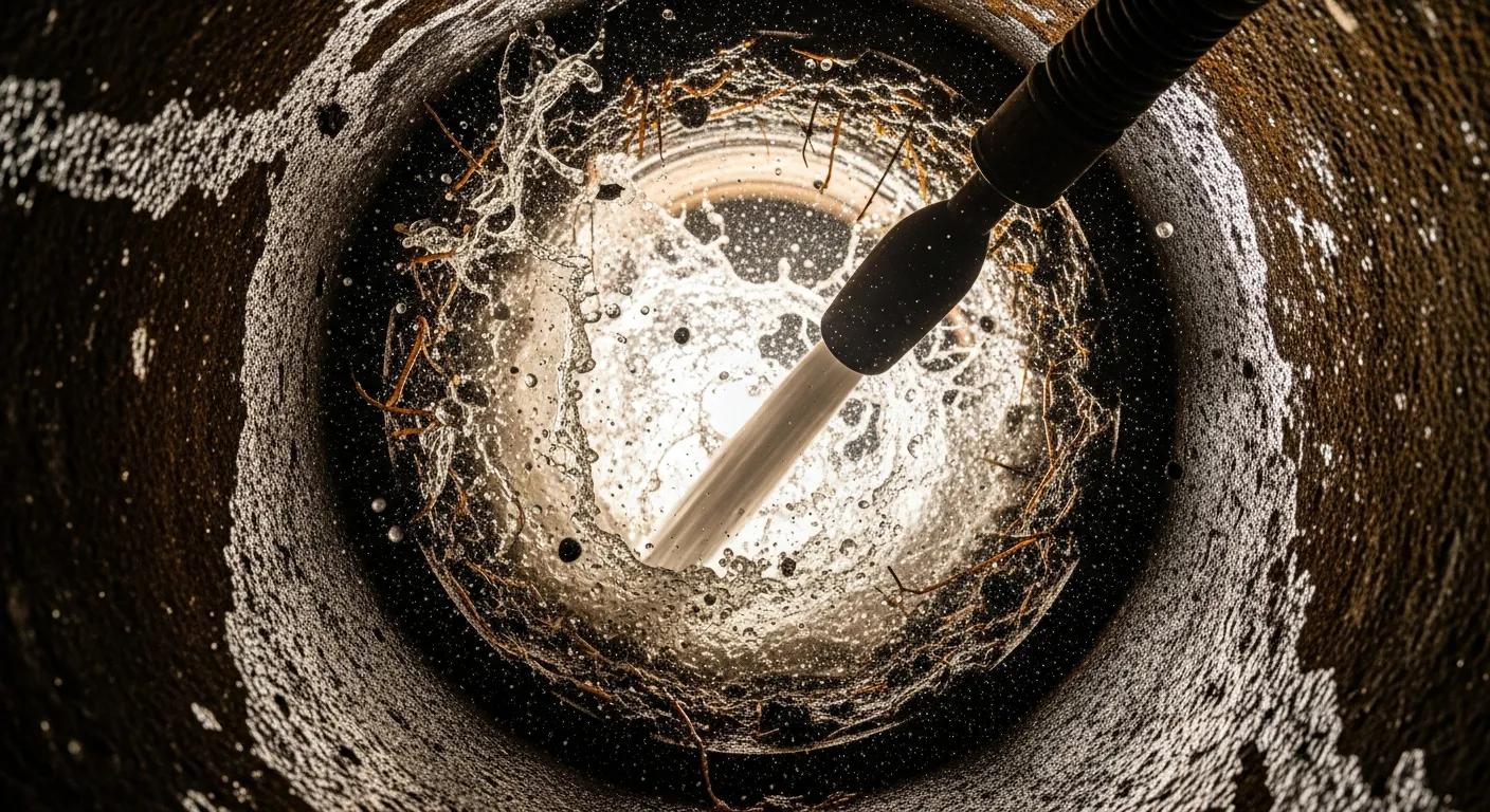 High-pressure water jetting inside a blocked drain pipe, dislodging grease and debris, illustrating hydro-jetting technique for effective drain clearing.