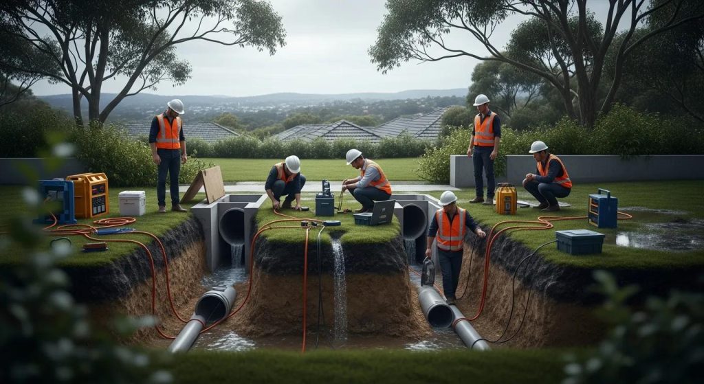 A dramatic, ultra-realistic wide-screen image showing a stormwater easement inspection on a Sydney property. Engineers and plumbers assess underground drainage access points surrounded by landscaped grounds. Open stormwater pits and exposed pipe sections reveal precise infrastructure. Soft overcast lighting creates depth, while distant Sydney suburban rooftops and gum trees set the scene. Moist soil textures, water flow indicators and technical equipment add realism. High resolution, cinematic quality, no text.