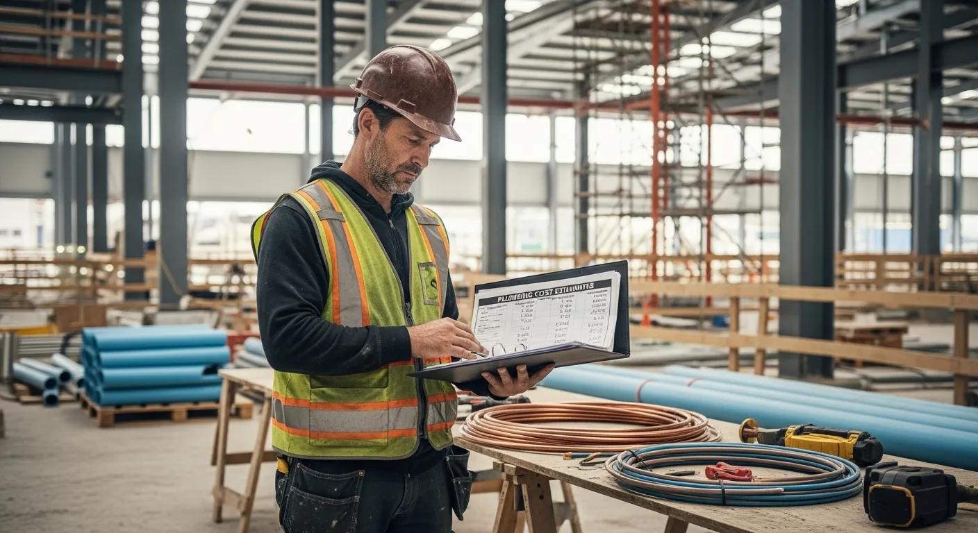 Construction worker reviewing plumbing cost estimates at an industrial site