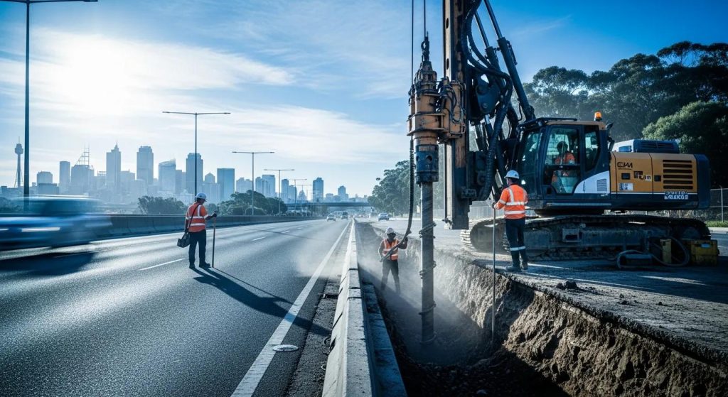 A dramatic, ultra-realistic wide-screen image of an under road boring operation in Sydney. A powerful horizontal drilling rig is positioned beside a busy roadway, with workers in high-visibility gear guiding the machinery. The drill enters the ground cleanly beneath the road surface, showcasing precise trenchless technology. Early morning blue light casts long shadows, while the Sydney skyline sits subtly in the background. Dust particles and machinery details add cinematic realism. High resolution, no text.