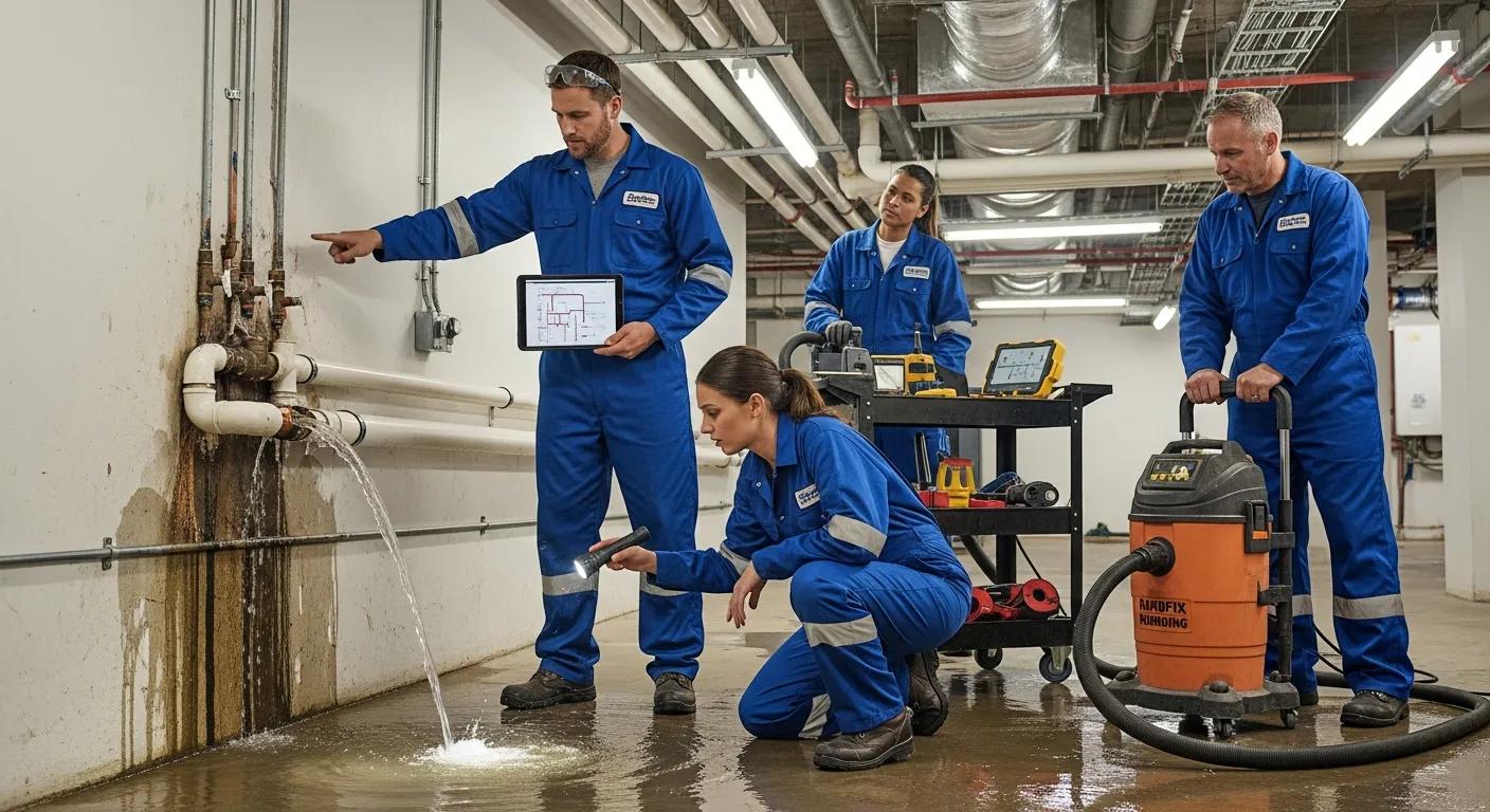 Plumbing emergency response team assessing a plumbing issue at a commercial site