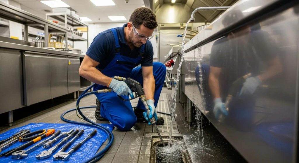Professional plumber cleaning a commercial drain in Sydney with advanced equipment