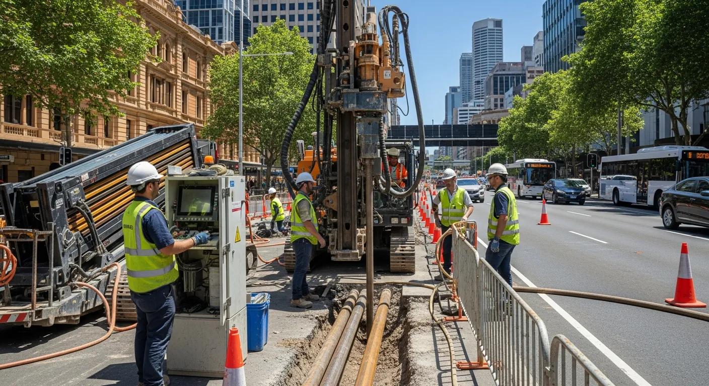 Workers operating a horizontal directional drilling machine for under road boring in an urban setting, with construction barriers and traffic cones, highlighting trenchless utility installation in Sydney.