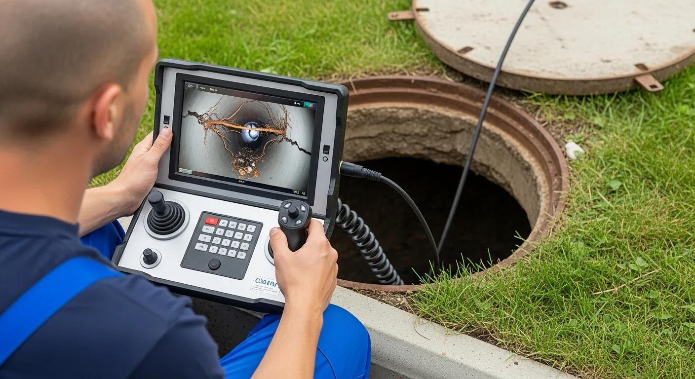 Technician performing a CCTV drain inspection, monitoring footage of the drain's interior