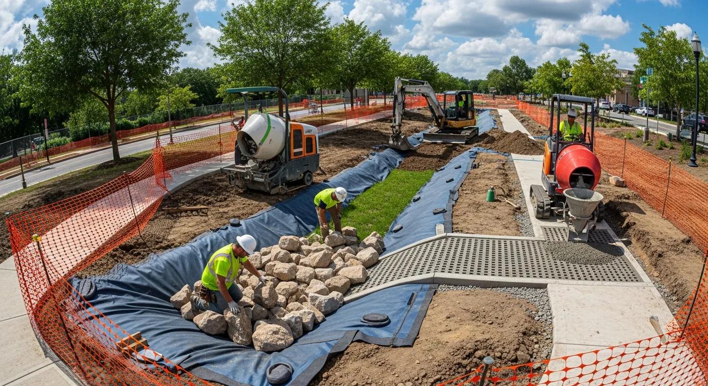 Construction site featuring workers installing stormwater drainage infrastructure with rocks, grass, and concrete, surrounded by orange safety fencing, highlighting stormwater management solutions.
