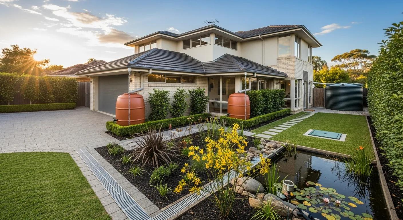 Modern residential property with landscaped garden, rainwater tanks, and stormwater management features, highlighting property value enhancement in Sydney.