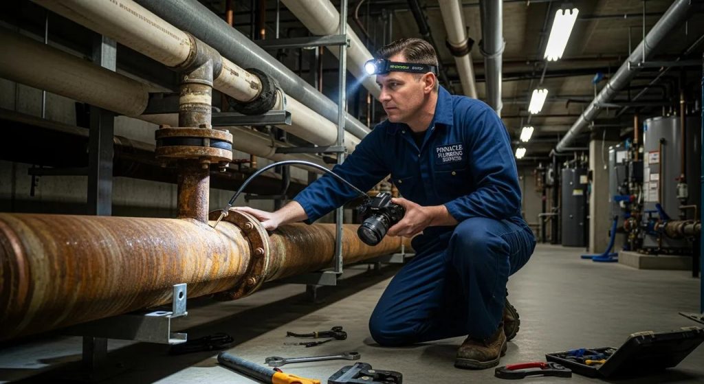 Commercial plumbing technician inspecting pipes in a business environment