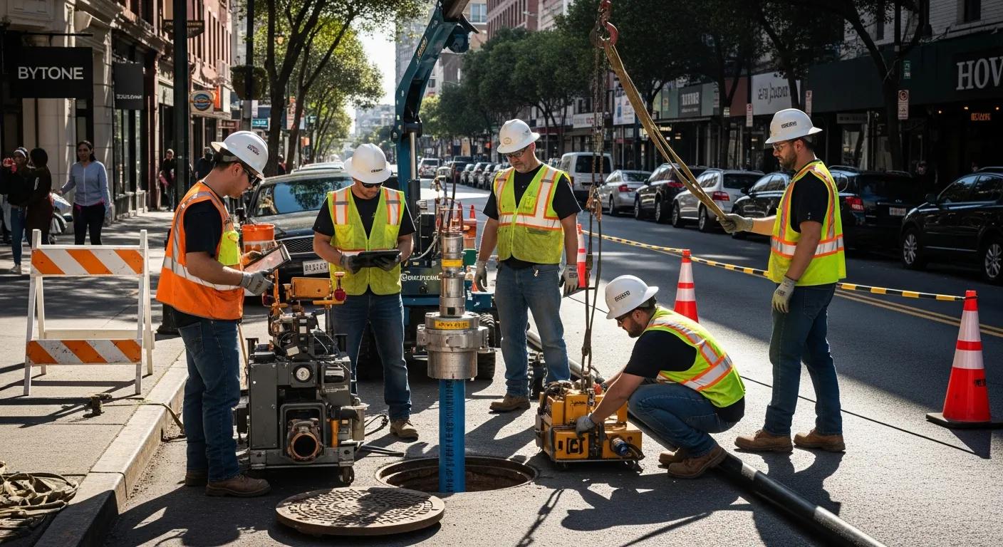 Workers installing trenchless drainage systems in an urban environment