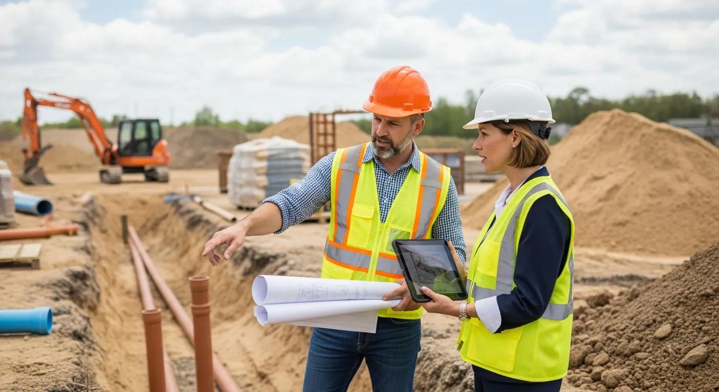 Civil engineer discussing stormwater management regulations with a developer at a construction site