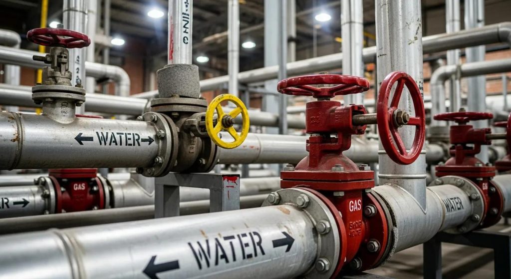 Commercial plumbing work in Sydney with close-up of industrial pipework and isolation valves