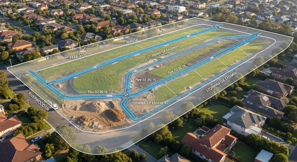 Stormwater easements in Sydney with underground drainage pipes and a site plan overlay
