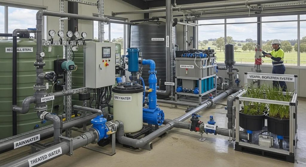 Industrial plumbing scene in Pitt Town highlighting sustainable water management practices