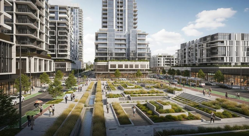 Urban landscape in Box Hill featuring new builds and stormwater management systems