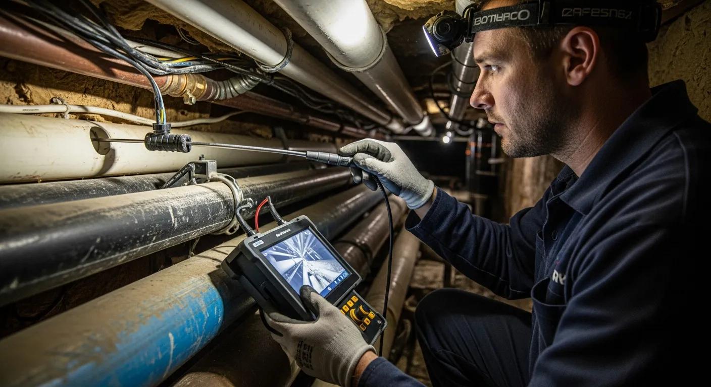 Technician using CCTV camera to inspect plumbing pipes