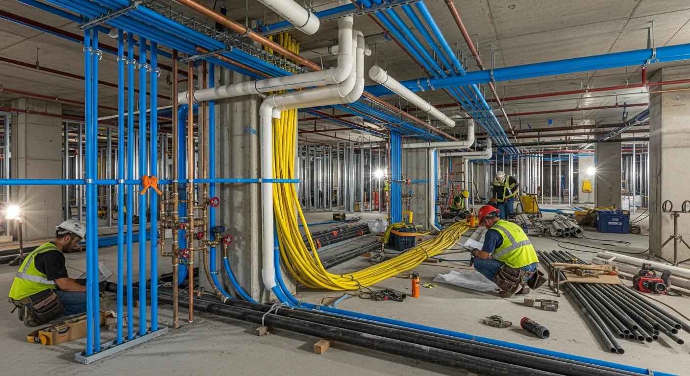 Installation of water supply, drainage, and gas systems in a new commercial construction