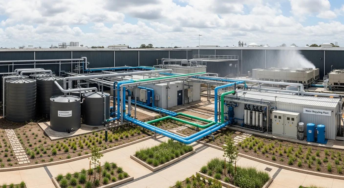 Sustainable water management practices at an industrial site featuring rainwater harvesting and recycling systems