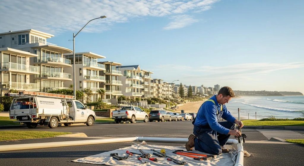 Commercial plumbing on the Northern Beaches with coastal buildings and service vehicles in the background