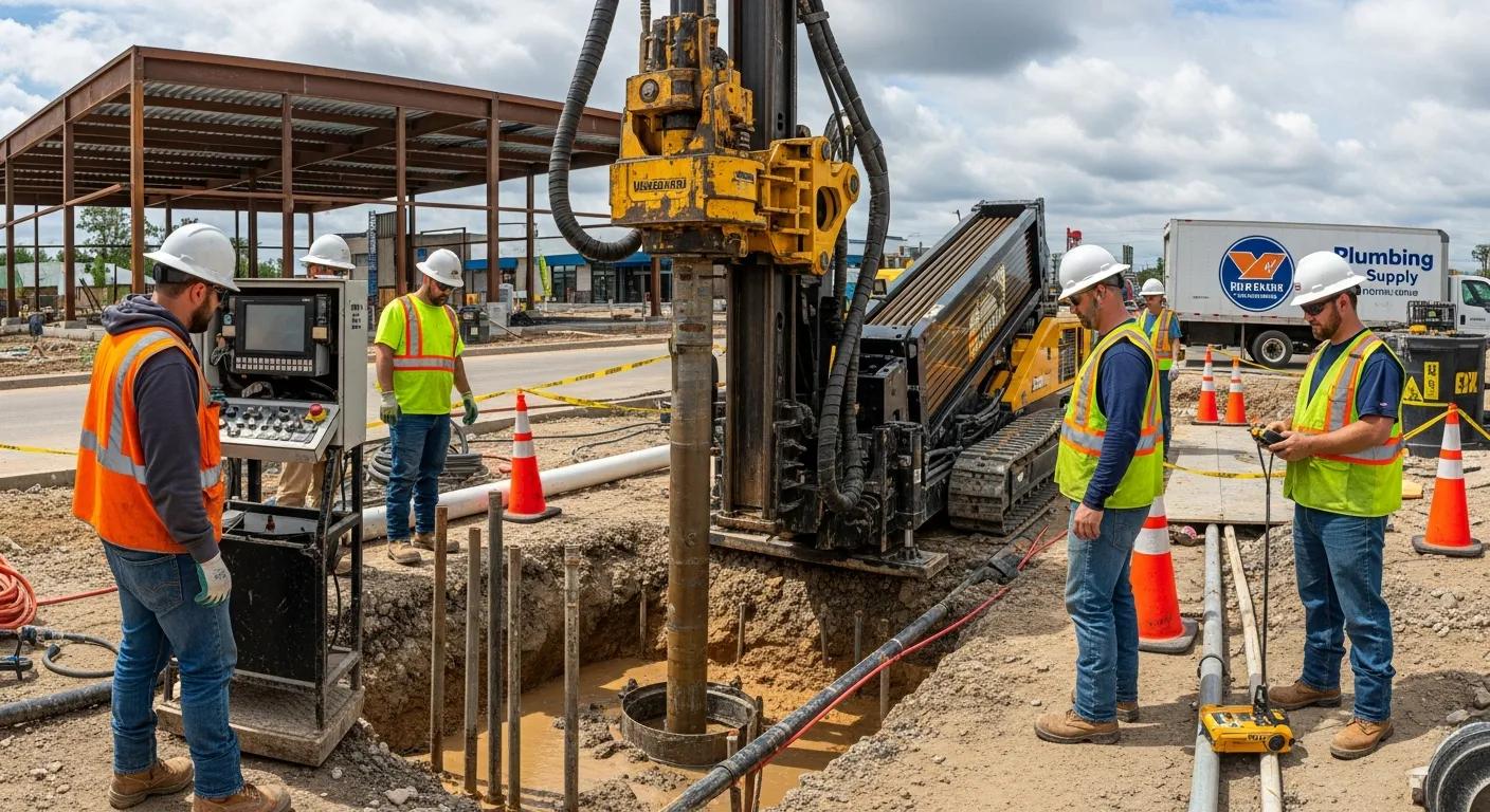 Directional boring machine operating at a commercial plumbing site with workers supervising