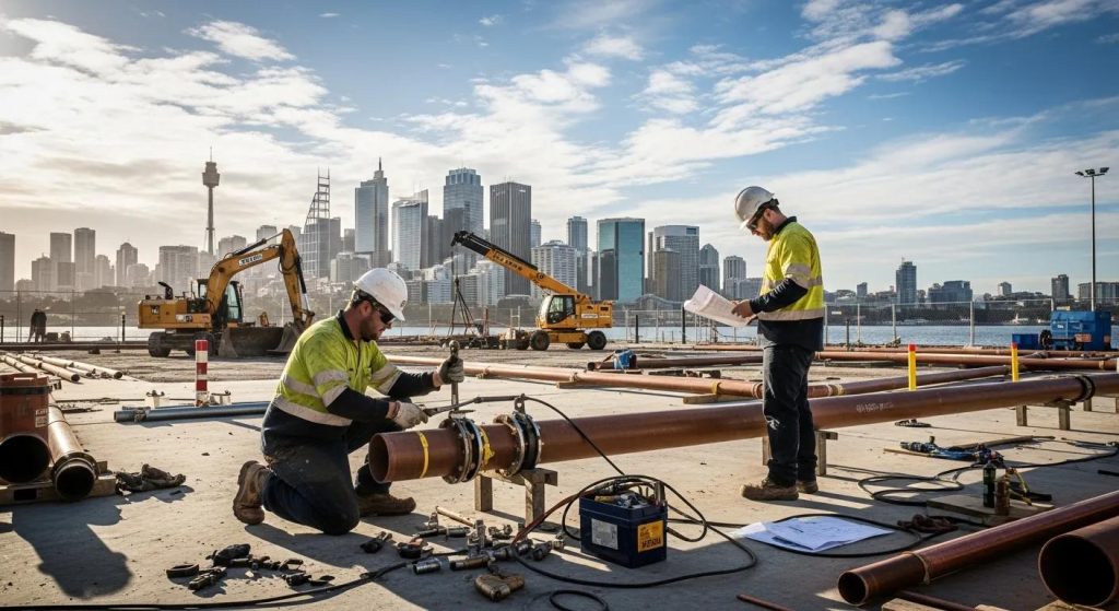 Commercial plumbing site in Sydney with plumbers at work and the skyline in the background
