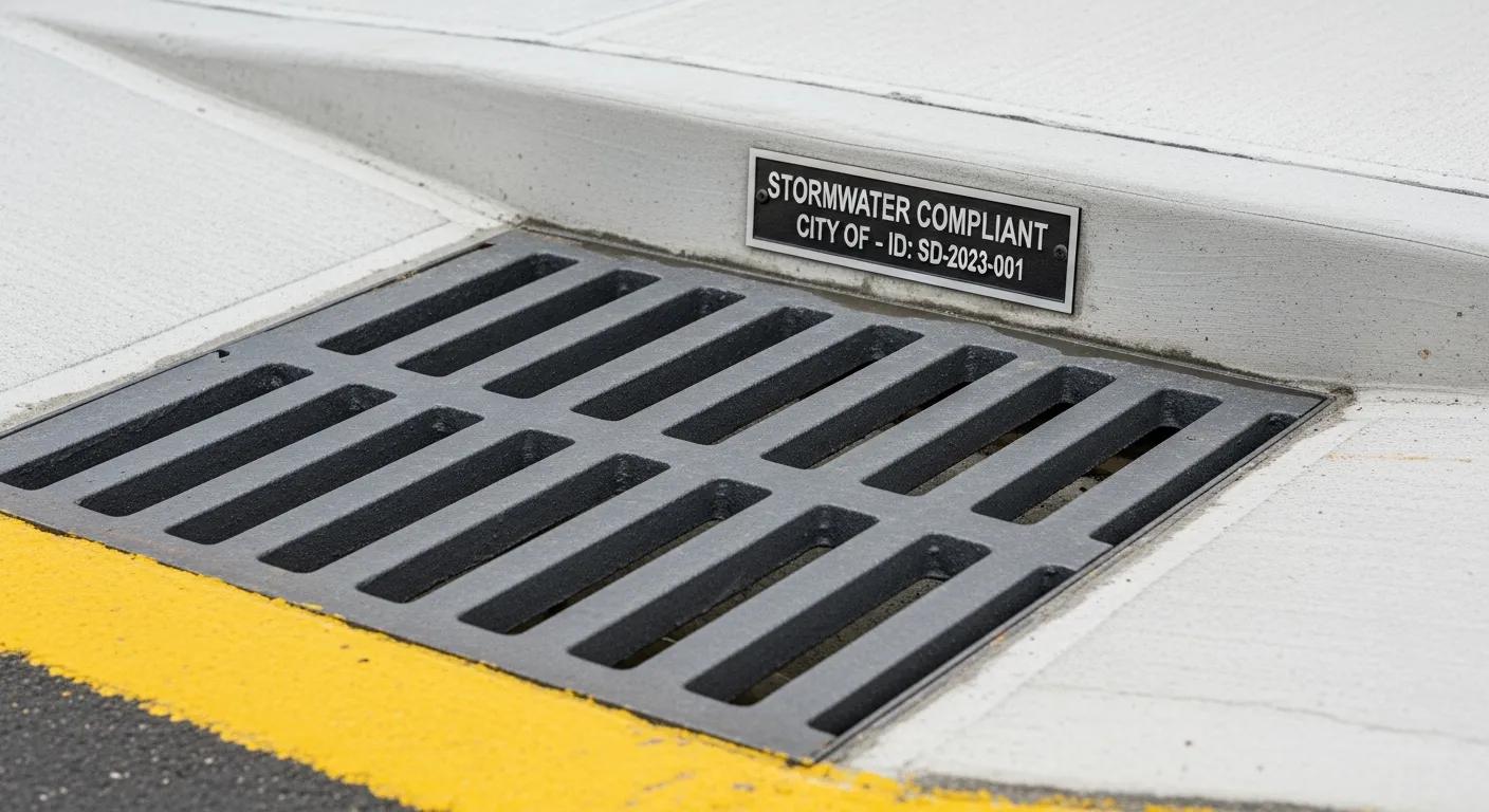 Close-up of a stormwater drainage system emphasizing compliance with local regulations