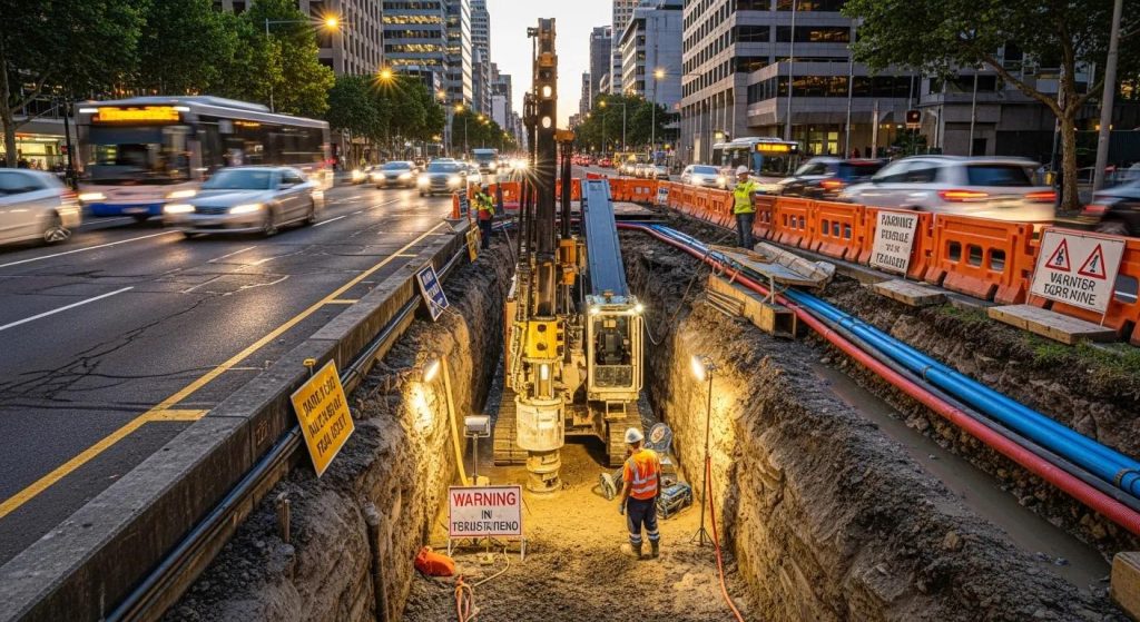 Directional boring machine operating under a Sydney road, illustrating trenchless technology