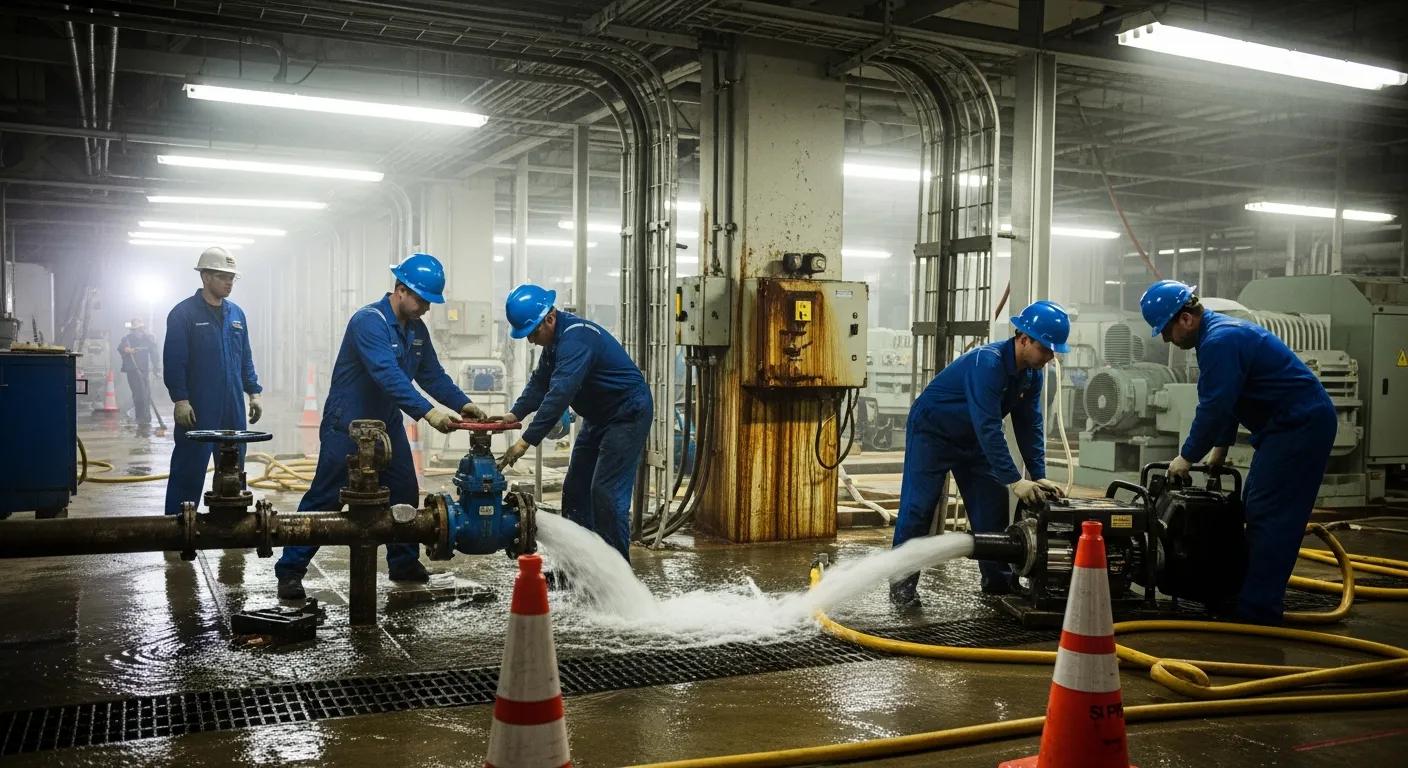 Emergency plumbers addressing a plumbing crisis at an industrial site with visible water damage
