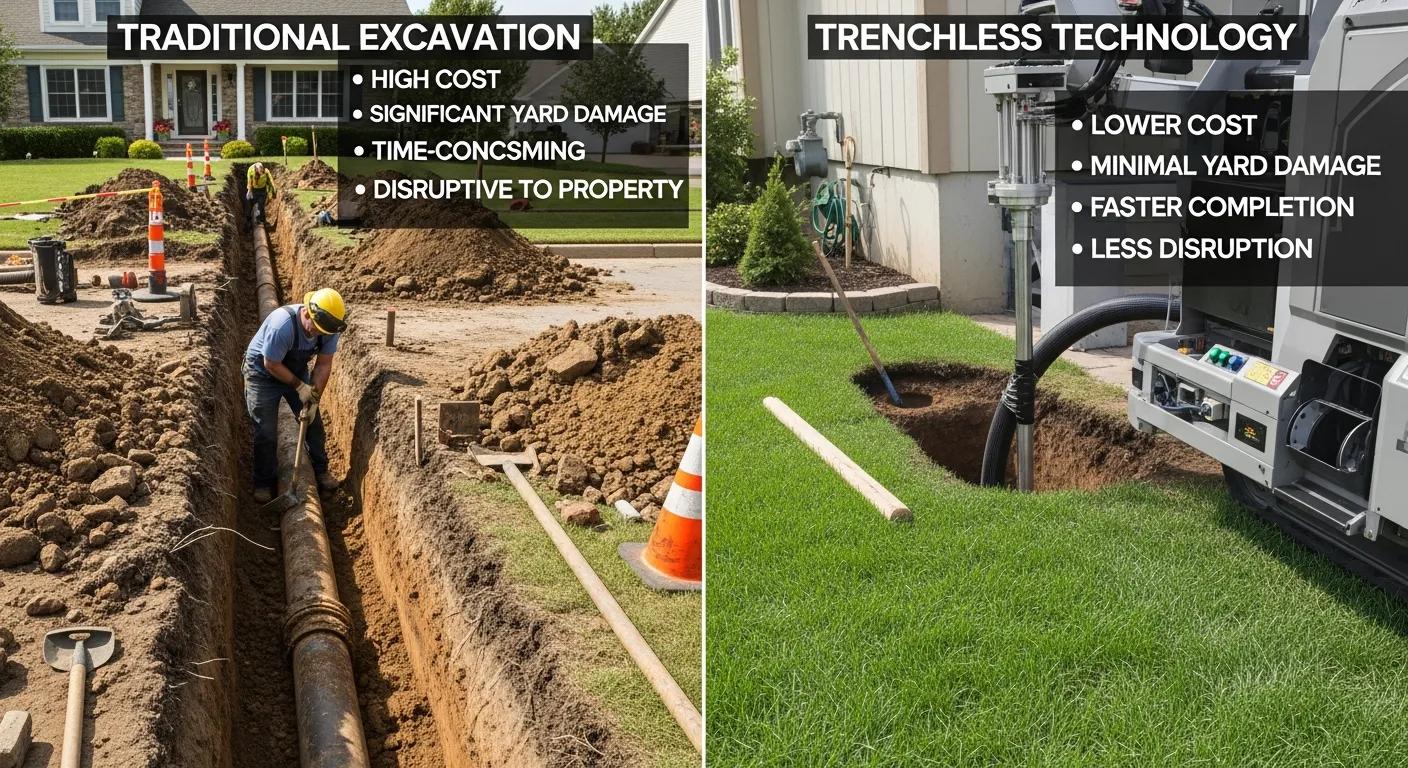 Comparison of traditional excavation versus trenchless technology benefits in plumbing