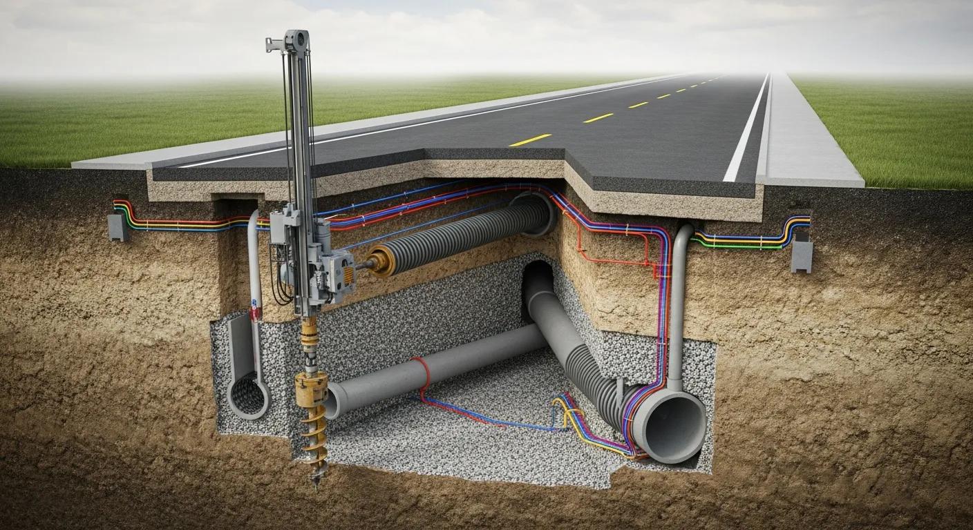 Cross-section view of stormwater management integration with directional boring under a road
