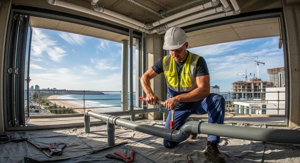 Commercial plumbing scene in Northern Beaches with a plumber at work