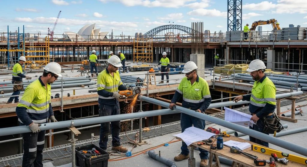 Construction workers installing plumbing systems at a large-scale site in Sydney