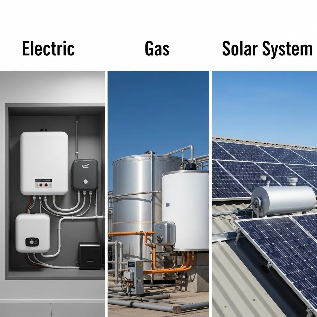 Comparison of electric, gas, and solar hot water systems featuring electric unit in a wall, gas system with storage tanks, and solar panels on a roof.
