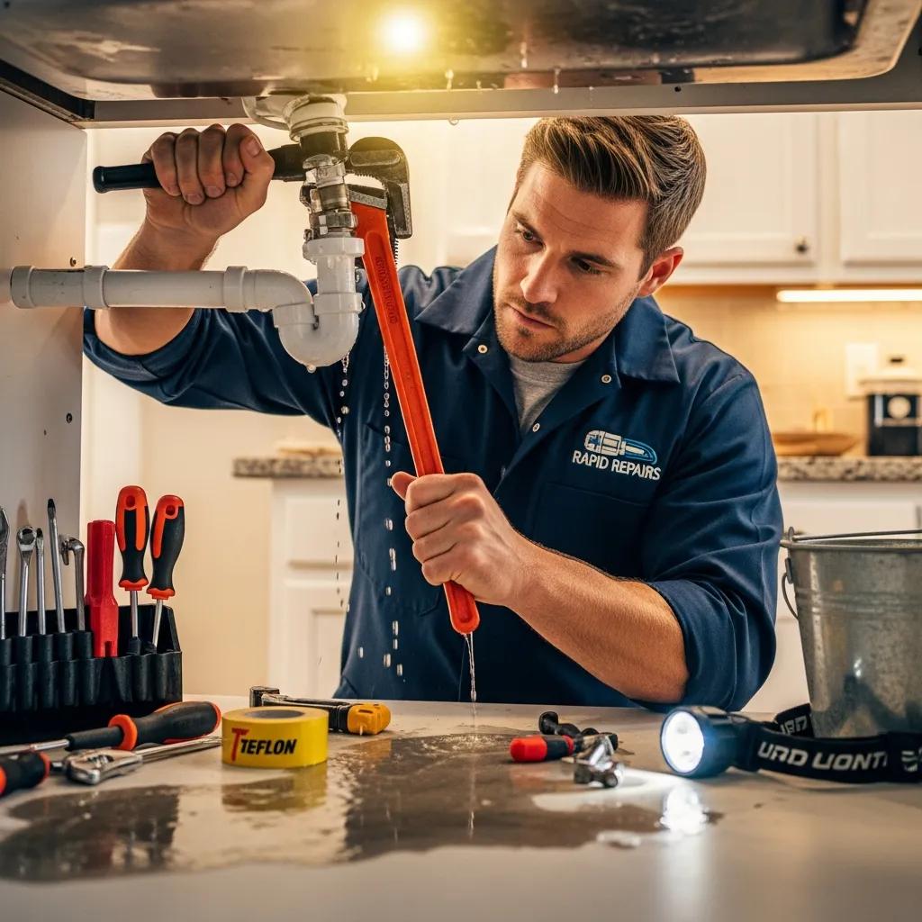 Professional plumber using a wrench to fix a leaking pipe under a kitchen sink, surrounded by plumbing tools and a bucket, illustrating emergency plumbing services.